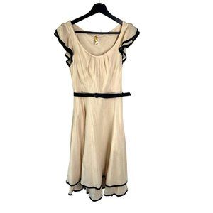 Maeve Cream Black Trim Short Sleeve Belted Knee Length Dress 0